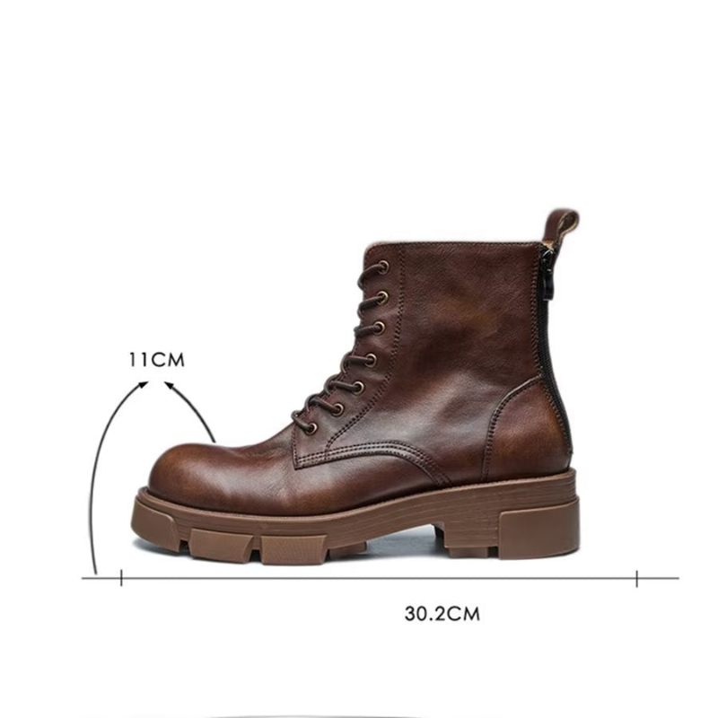 Botas Masculinas Elegantes Couro Com Cadarço E Plataforma No Tornozelo - Café