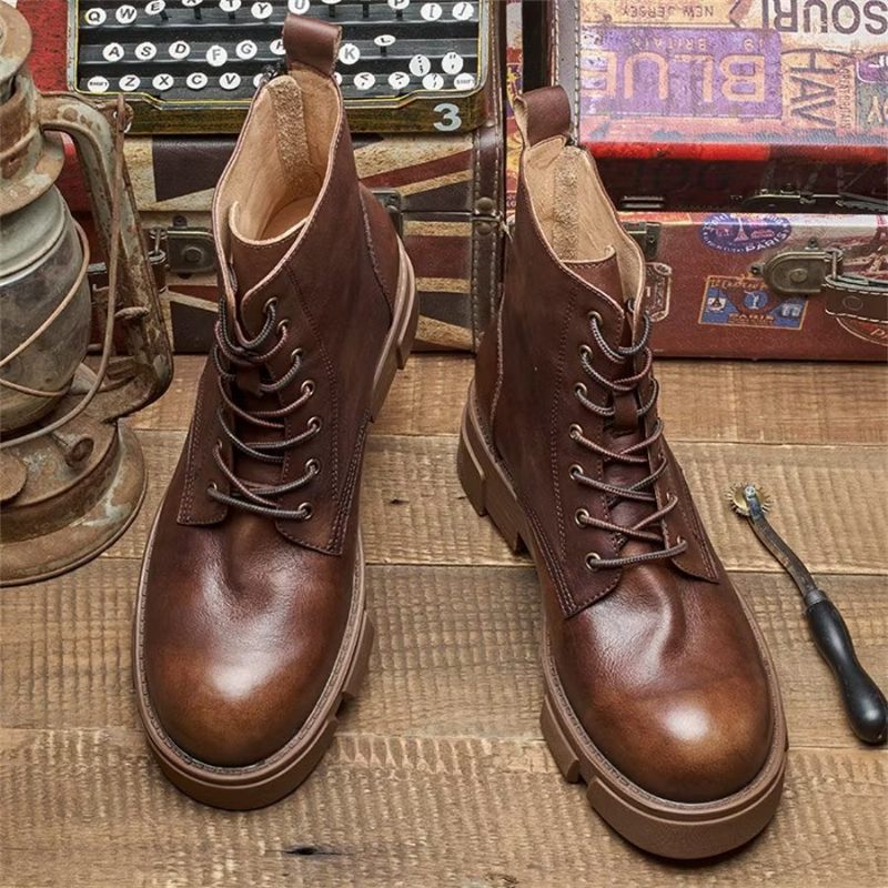 Botas Masculinas Elegantes Couro Com Cadarço E Plataforma No Tornozelo - Café