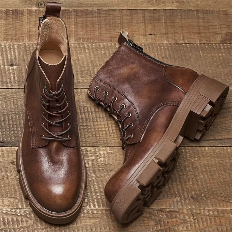 Botas Masculinas Elegantes Couro Com Cadarço E Plataforma No Tornozelo - Café