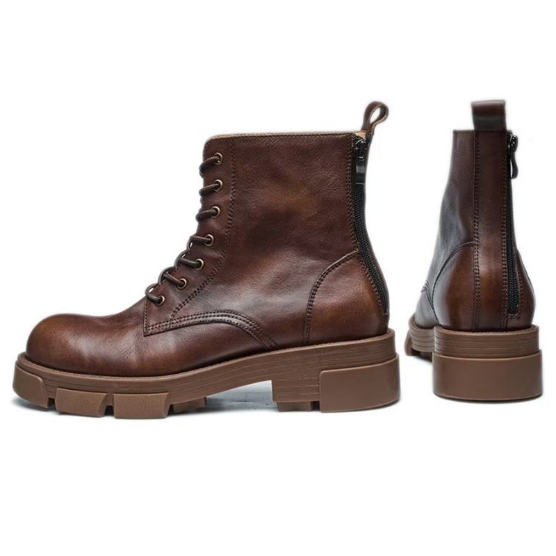 Botas Masculinas Elegantes Couro Com Cadarço E Plataforma No Tornozelo - Café