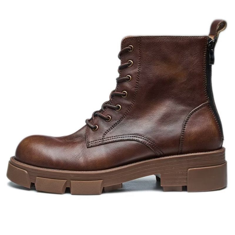 Botas Masculinas Elegantes Couro Com Cadarço E Plataforma No Tornozelo - Café