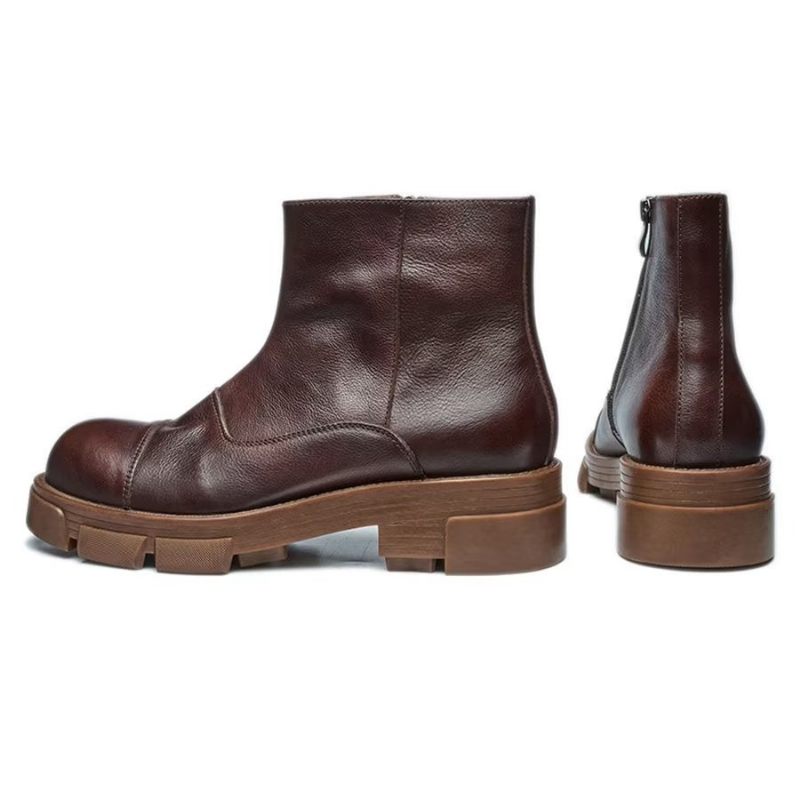 Botas Masculinas Elegantes Couro Com Deslizamento Em Tornozelo Tachas - Café