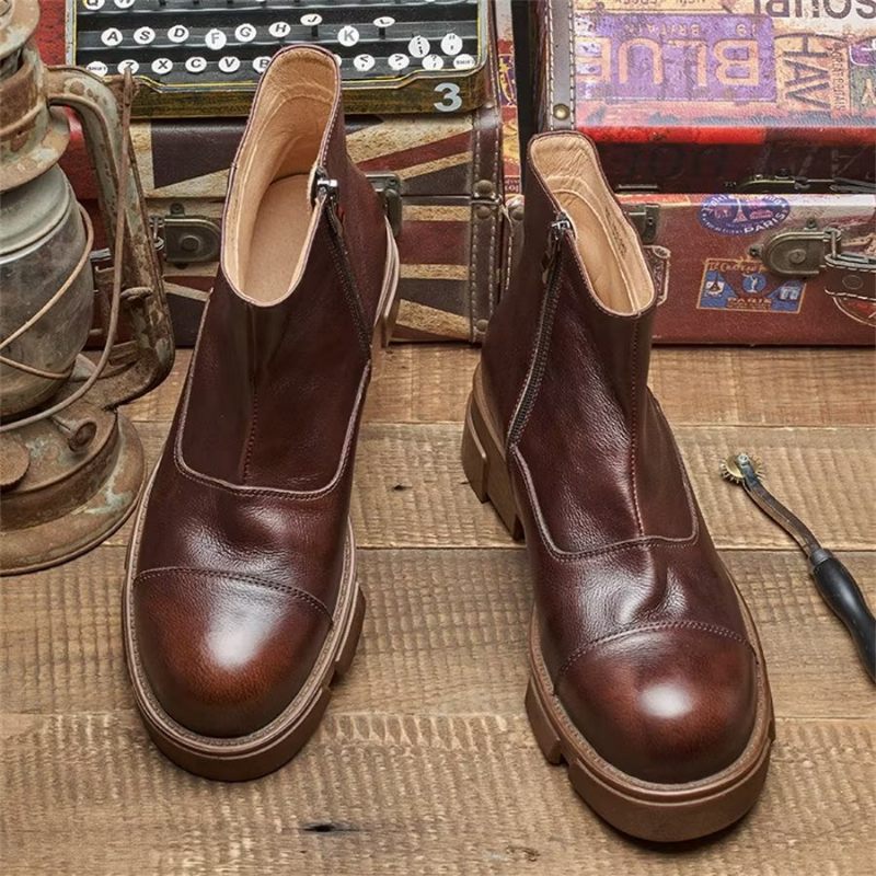 Botas Masculinas Elegantes Couro Com Deslizamento Em Tornozelo Tachas - Café