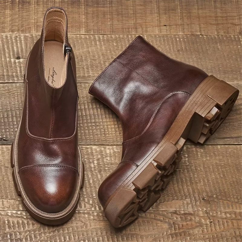 Botas Masculinas Elegantes Couro Com Deslizamento Em Tornozelo Tachas - Café