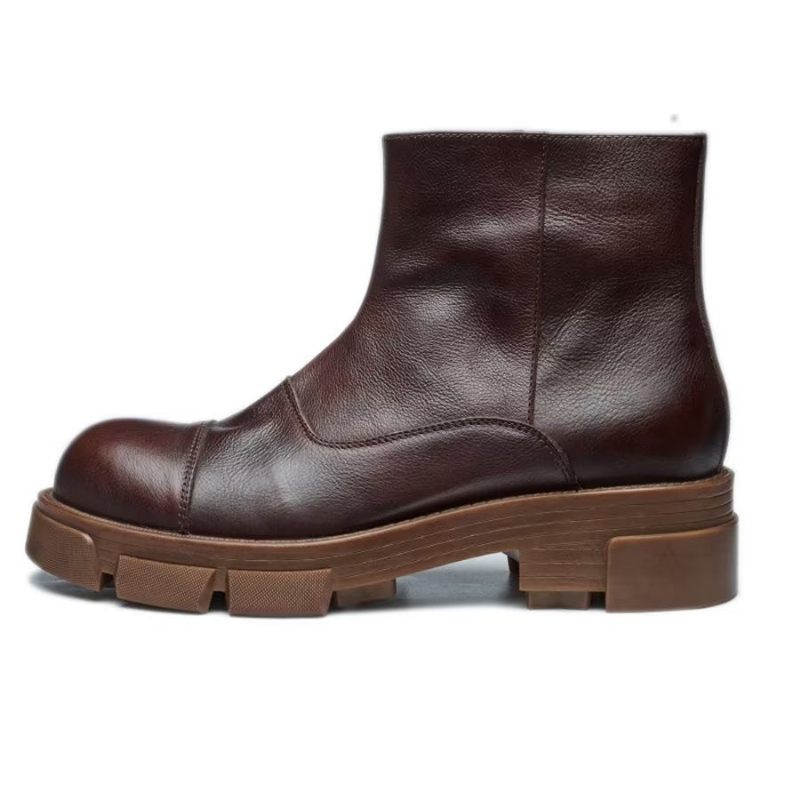 Botas Masculinas Elegantes Couro Com Deslizamento Em Tornozelo Tachas - Café