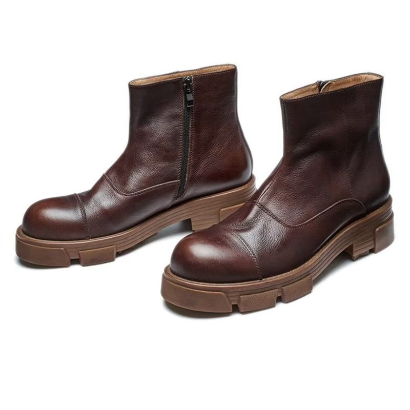 Botas Masculinas Elegantes Couro Com Deslizamento Em Tornozelo Tachas - Café