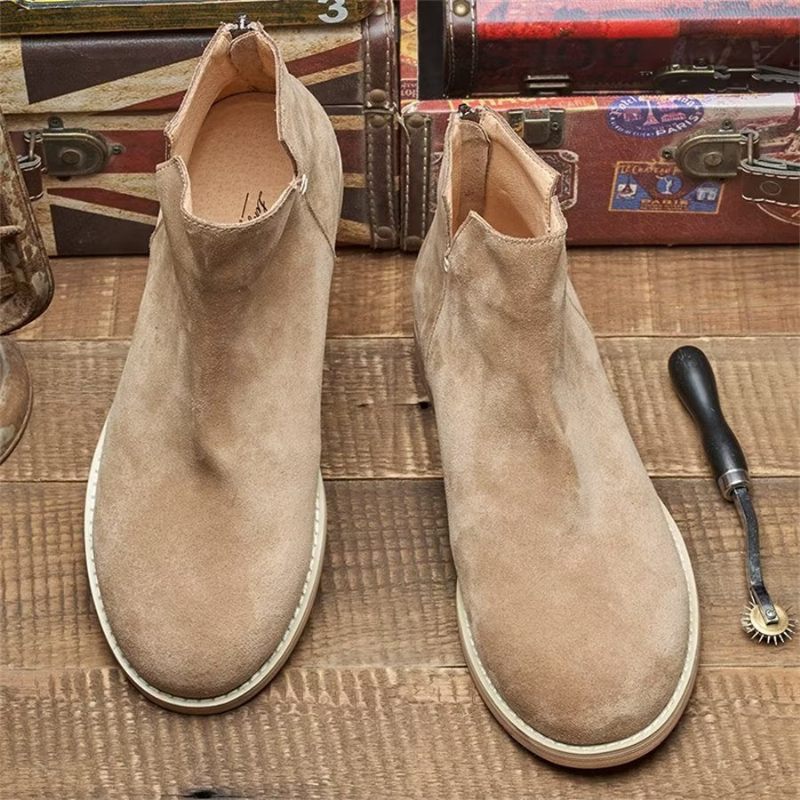 Botas Masculinas Elegantes Couro Com Deslizamento No Tornozelo - Cáqui