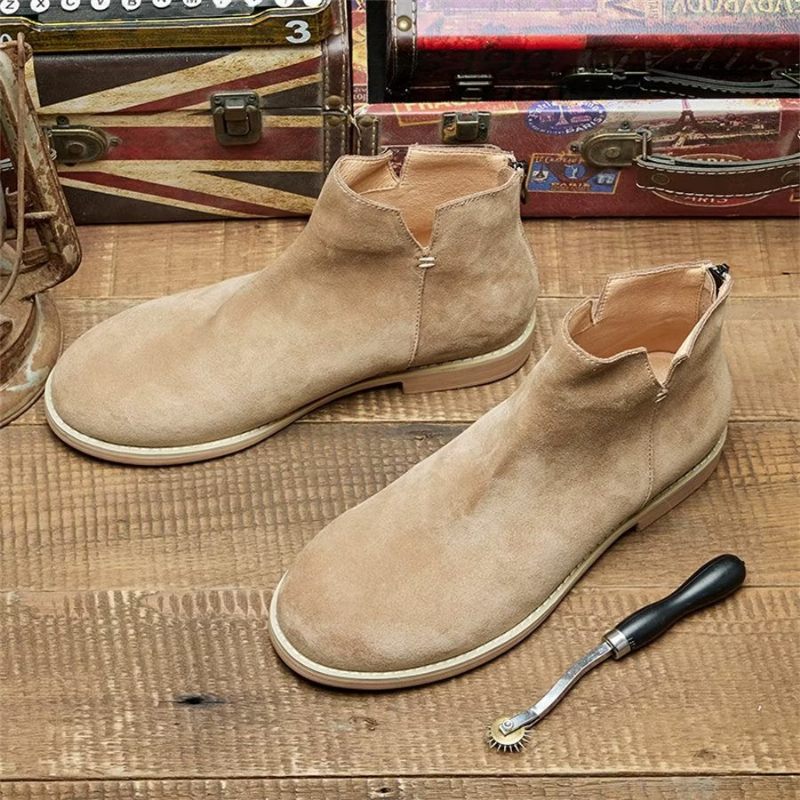 Botas Masculinas Elegantes Couro Com Deslizamento No Tornozelo - Cáqui