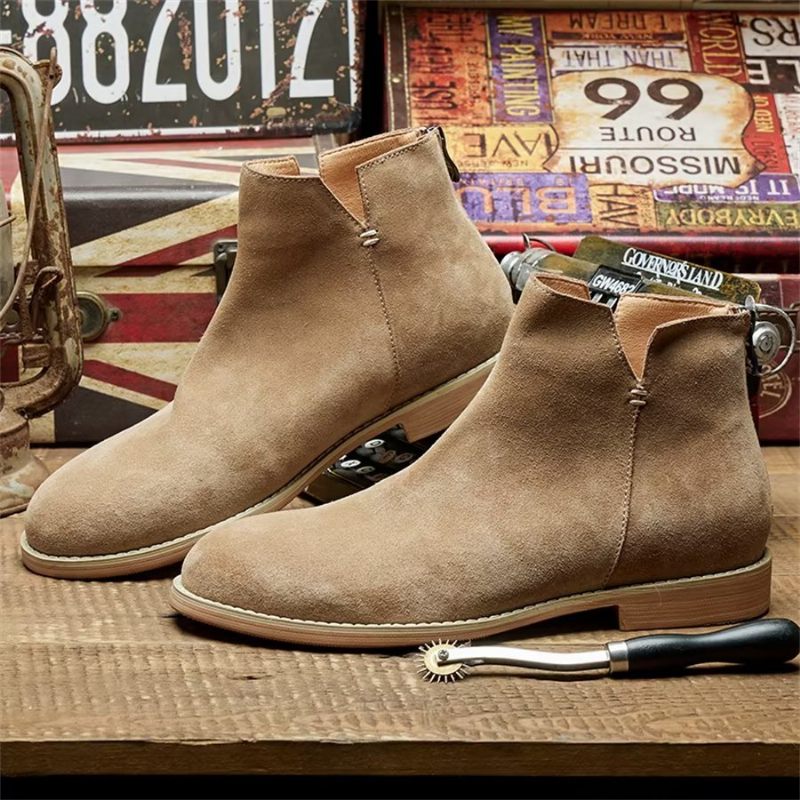 Botas Masculinas Elegantes Couro Com Deslizamento No Tornozelo - Cáqui