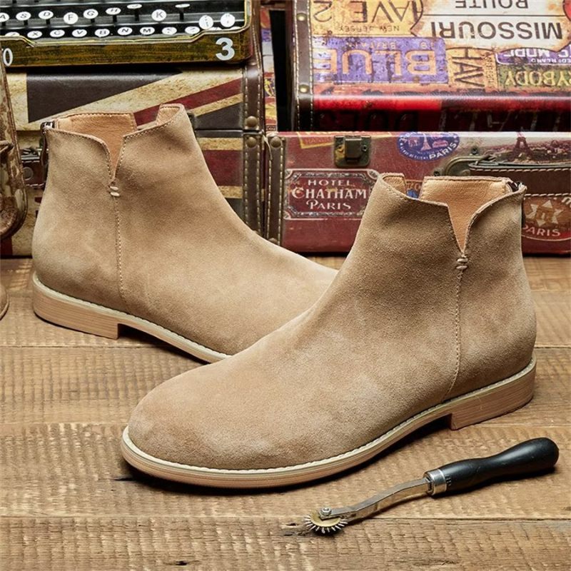 Botas Masculinas Elegantes Couro Com Deslizamento No Tornozelo - Cáqui