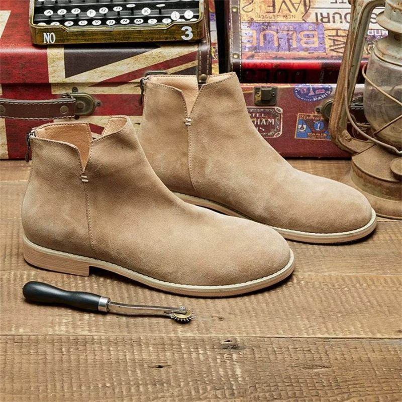 Botas Masculinas Elegantes Couro Com Deslizamento No Tornozelo - Cáqui