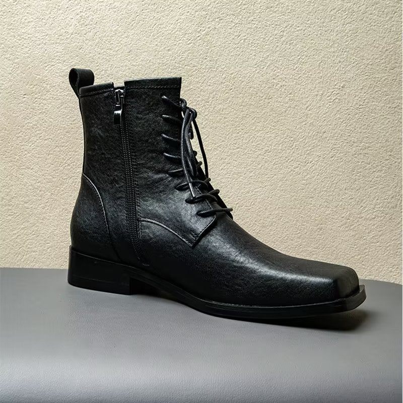 Botas Masculinas Elegantes Couro Genuíno Com Bico Quadrado Chelsea Boots - Preto 