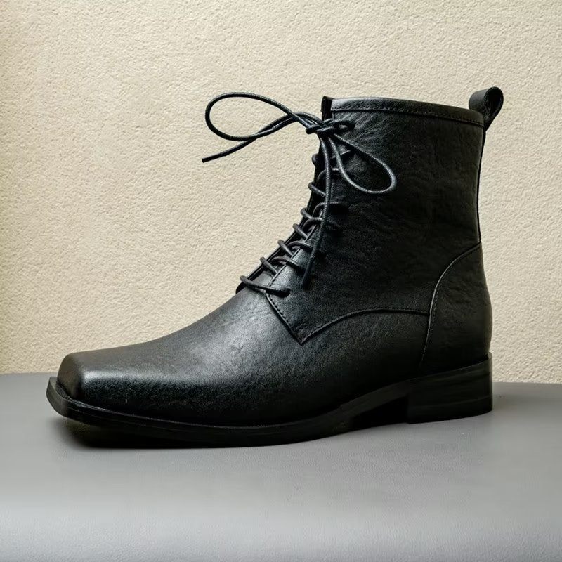 Botas Masculinas Elegantes Couro Genuíno Com Bico Quadrado Chelsea Boots - Preto 