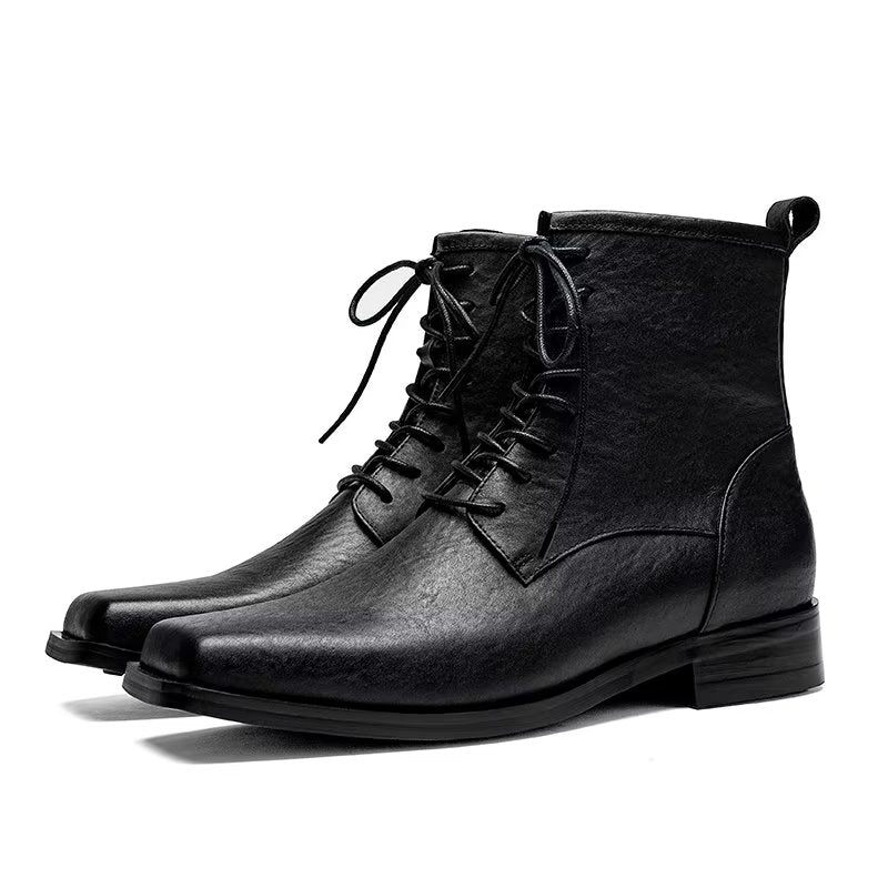 Botas Masculinas Elegantes Couro Genuíno Com Bico Quadrado Chelsea Boots - Preto 