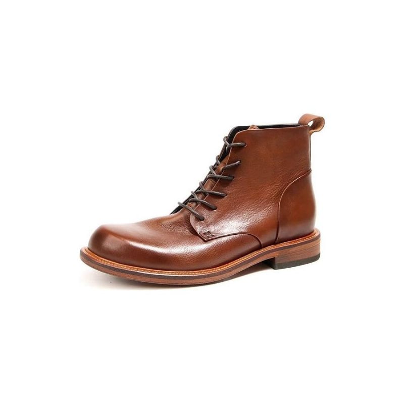 Botas Masculinas Elegantes Couro Vaca Com Cordões No Tornozelo - Marrom