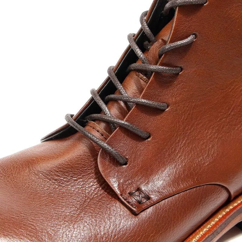 Botas Masculinas Elegantes Couro Vaca Com Cordões No Tornozelo - Marrom