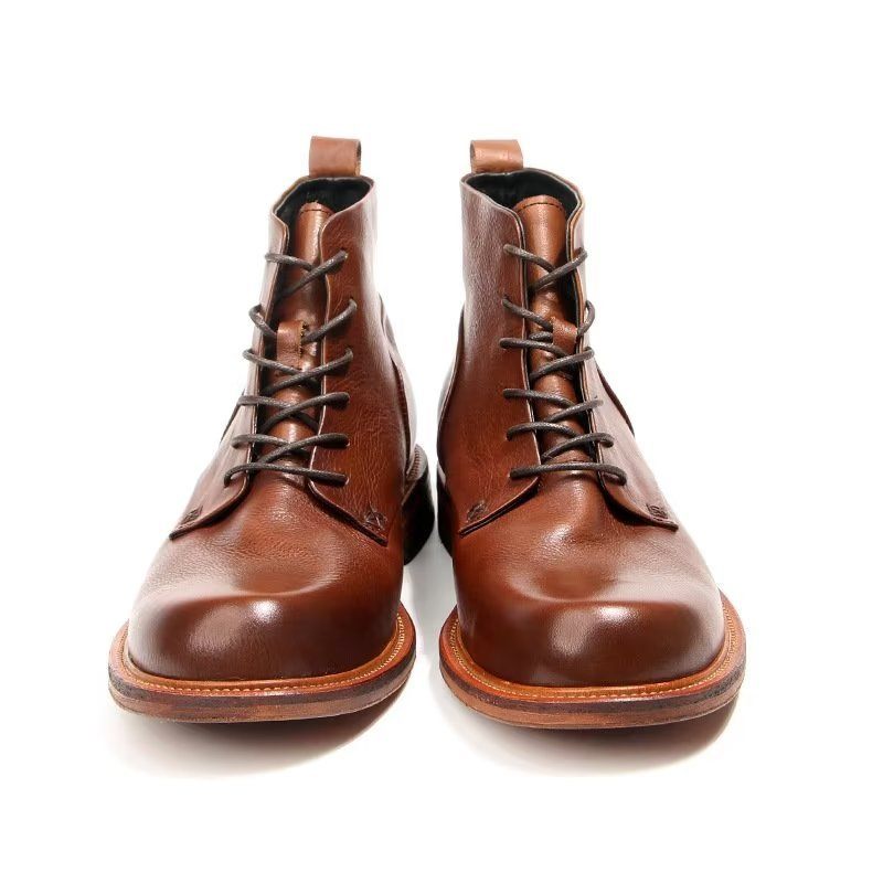 Botas Masculinas Elegantes Couro Vaca Com Cordões No Tornozelo - Marrom