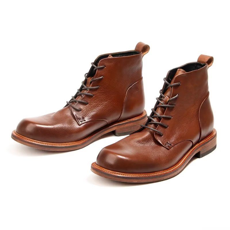 Botas Masculinas Elegantes Couro Vaca Com Cordões No Tornozelo - Marrom