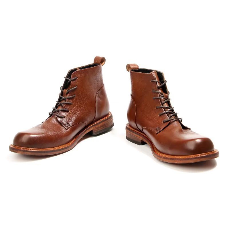 Botas Masculinas Elegantes Couro Vaca Com Cordões No Tornozelo - Marrom