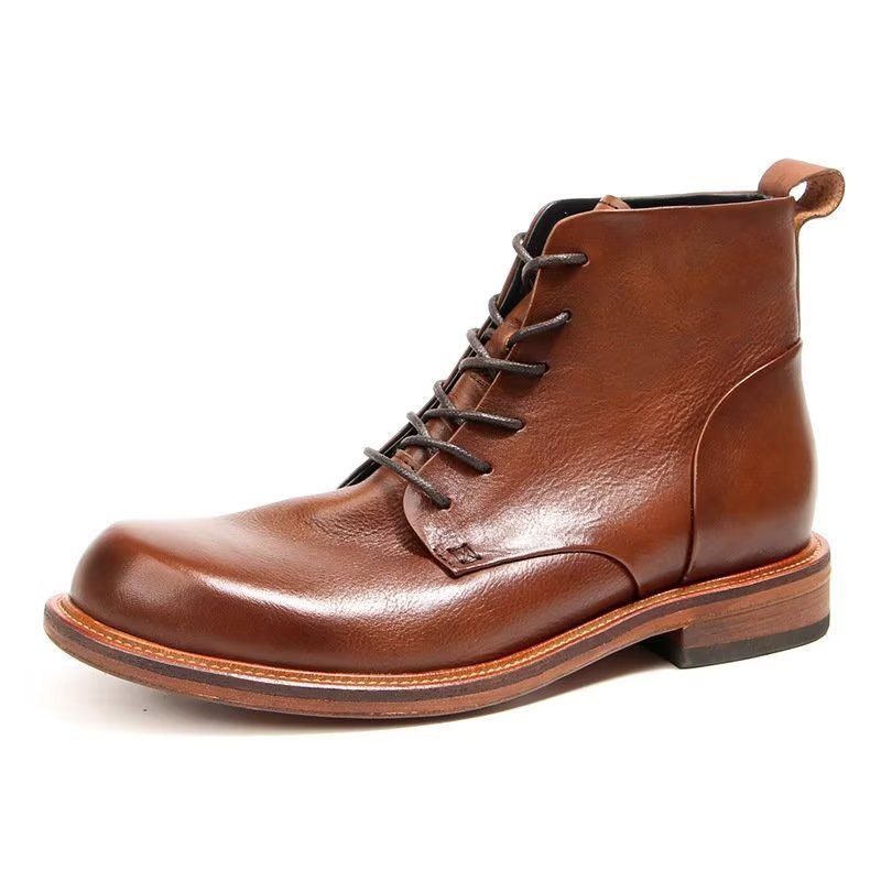 Botas Masculinas Elegantes Couro Vaca Com Cordões No Tornozelo - Marrom