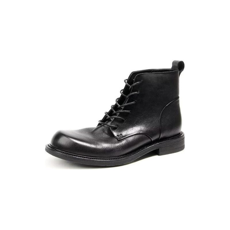 Botas Masculinas Elegantes Couro Vaca Com Cordões No Tornozelo - Preto