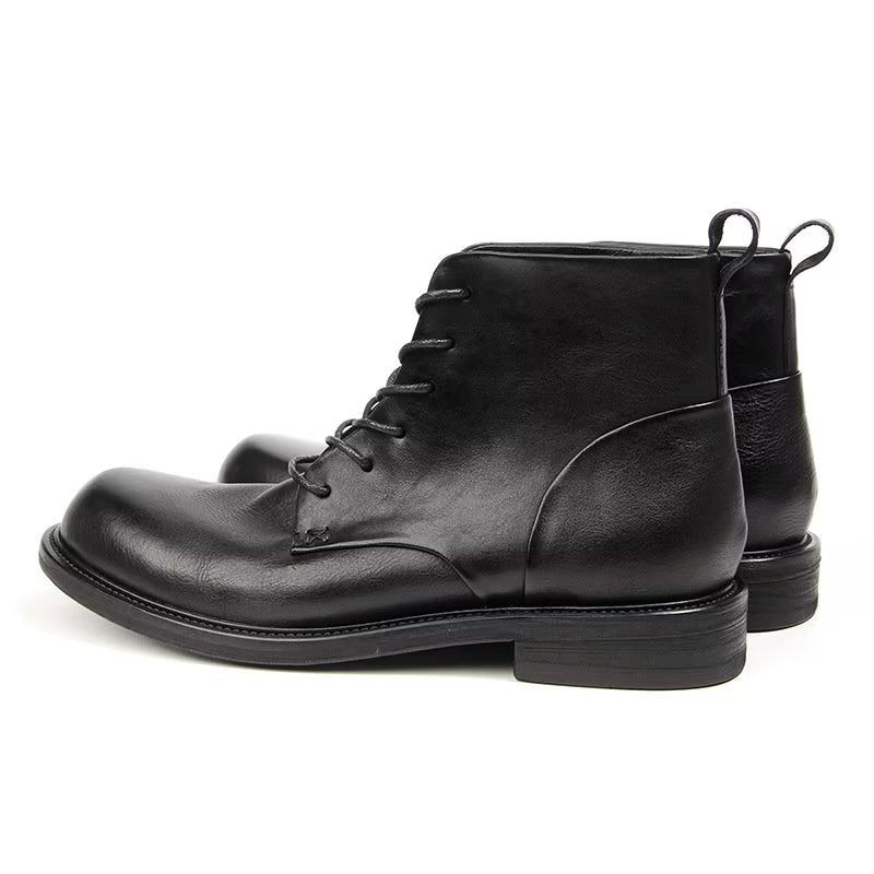 Botas Masculinas Elegantes Couro Vaca Com Cordões No Tornozelo - Preto