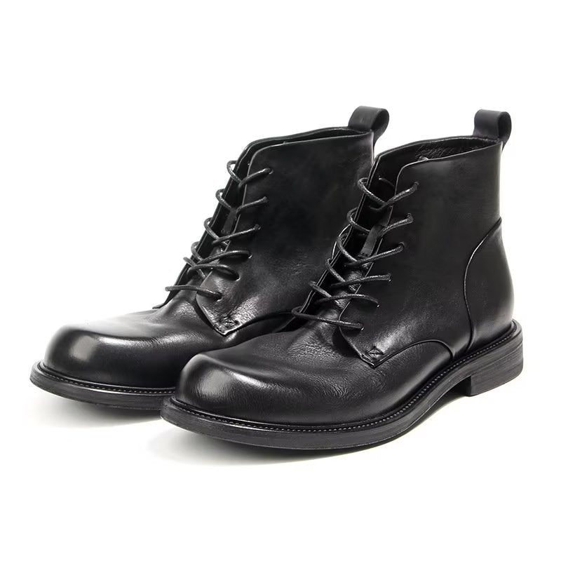 Botas Masculinas Elegantes Couro Vaca Com Cordões No Tornozelo - Preto