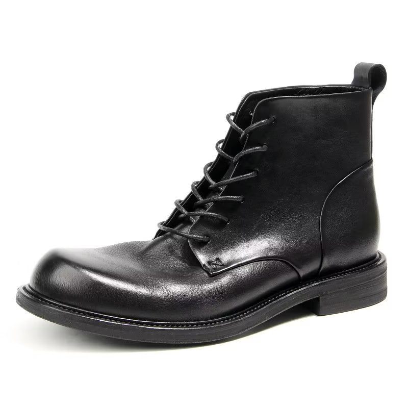 Botas Masculinas Elegantes Couro Vaca Com Cordões No Tornozelo - Preto