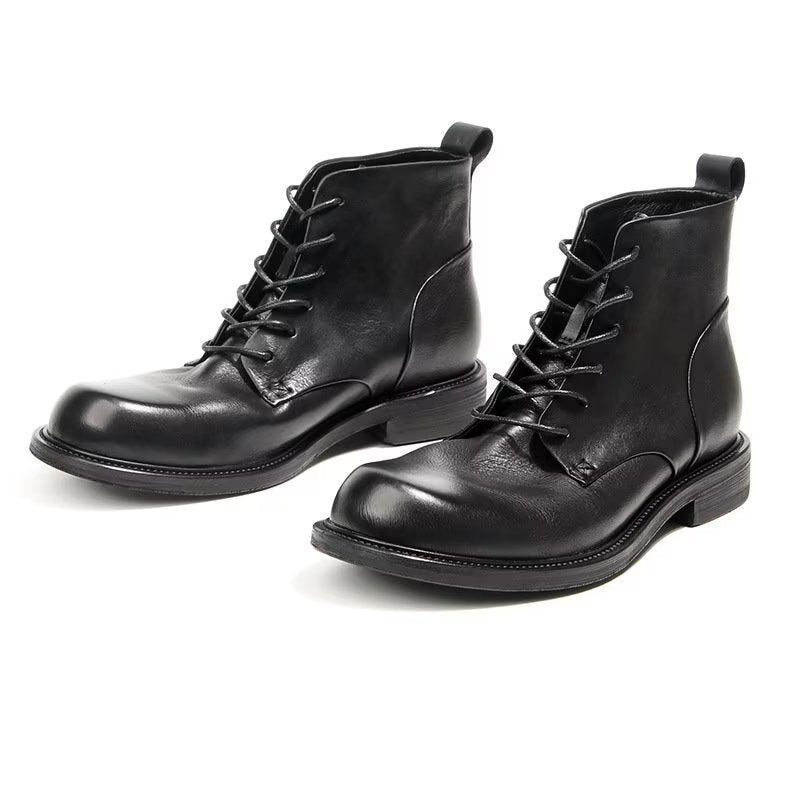 Botas Masculinas Elegantes Couro Vaca Com Cordões No Tornozelo - Preto