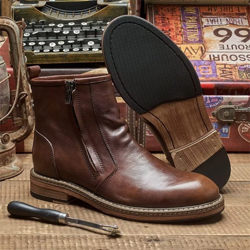 Botas Masculinas Elegantes Couro Vaca Com Salto Alto - Café