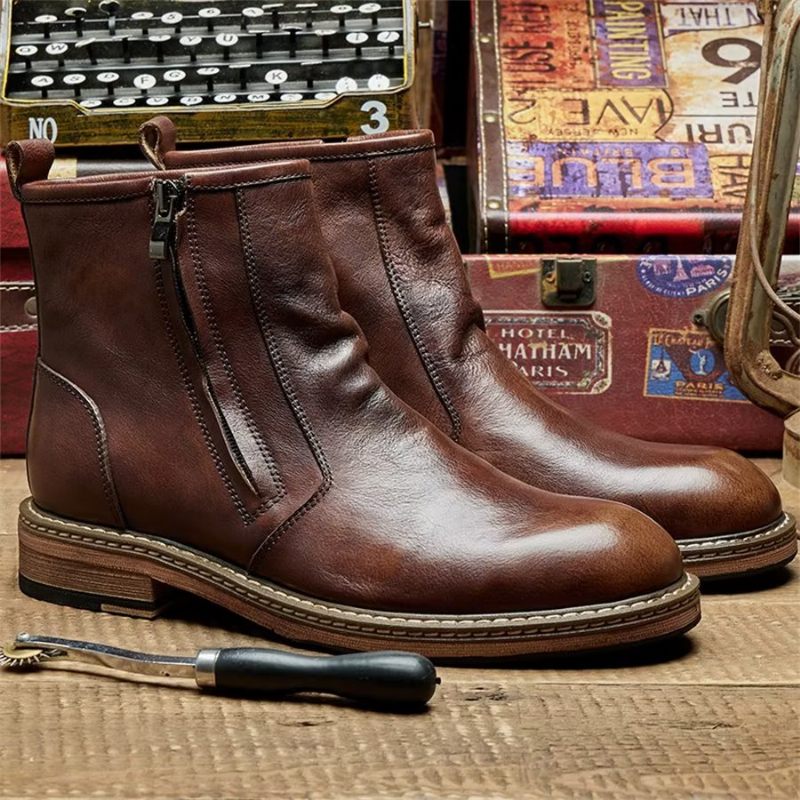 Botas Masculinas Elegantes Couro Vaca Com Salto Alto - Café