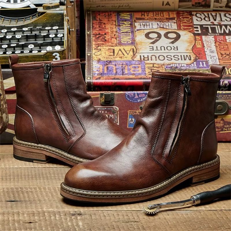 Botas Masculinas Elegantes Couro Vaca Com Salto Alto - Café