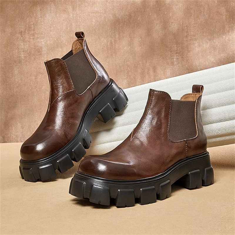 Botas Masculinas Elegantes Couro Vintage Com Zíper Curto Martin - Marrom