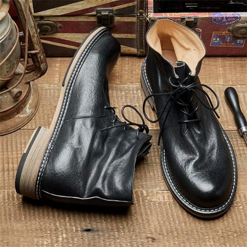 Botas Masculinas Elegantes Equinas Com Cadarço No Tornozelo - Preto