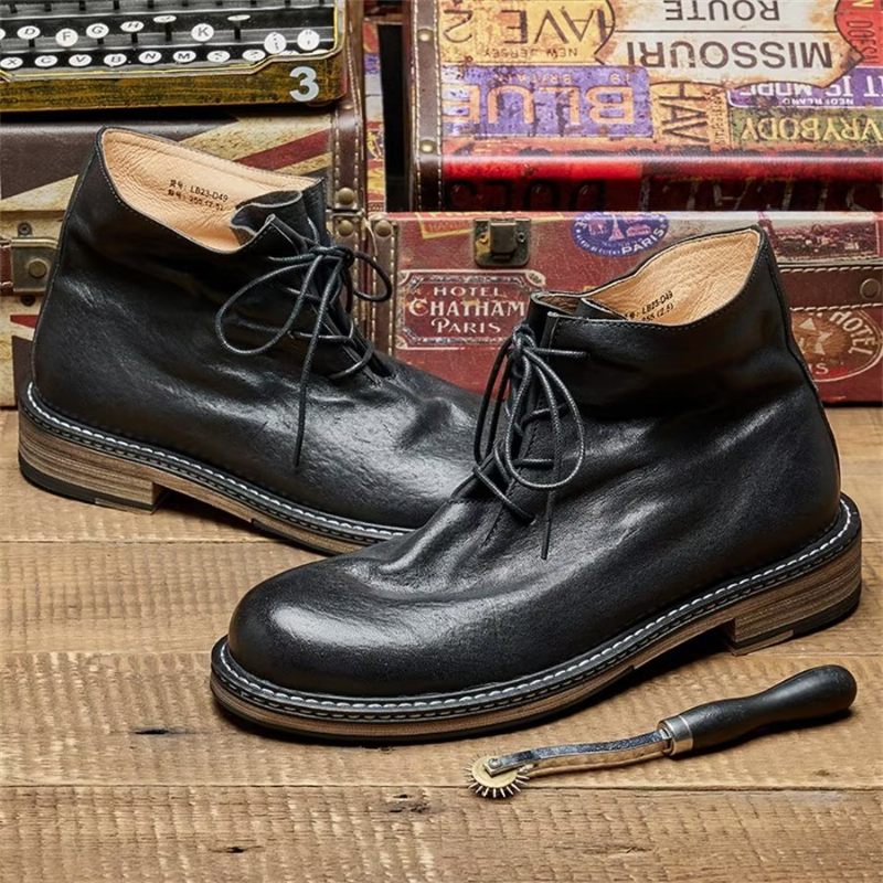 Botas Masculinas Elegantes Equinas Com Cadarço No Tornozelo - Preto