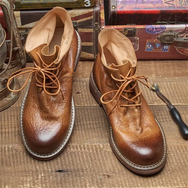 Botas Masculinas Elegantes Equinas Com Cadarço No Tornozelo - Café