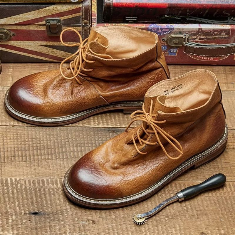 Botas Masculinas Elegantes Equinas Com Cadarço No Tornozelo - Café