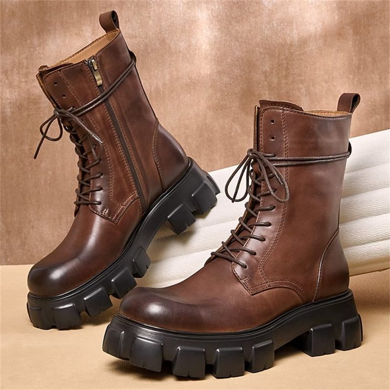 Botas Masculinas Elegantes Vintage Couro Curto Com Zíper Martin Clássicas - Marrom