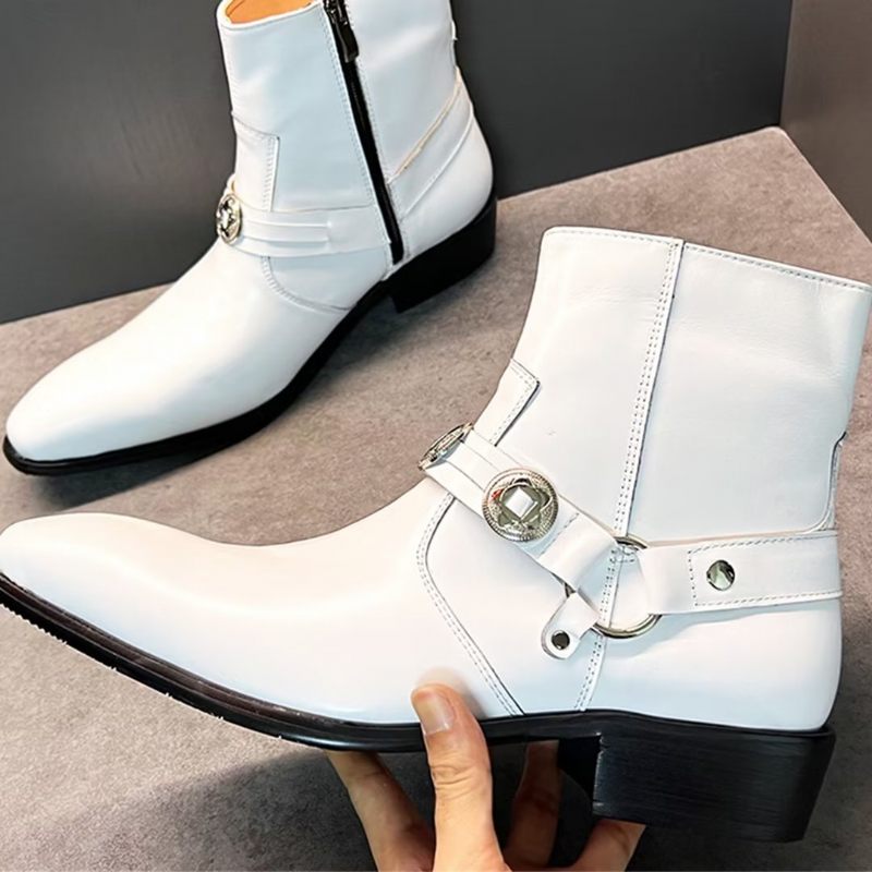 Botas Masculinas Elite Solid Couro Genuíno Ankle Boots - Branco