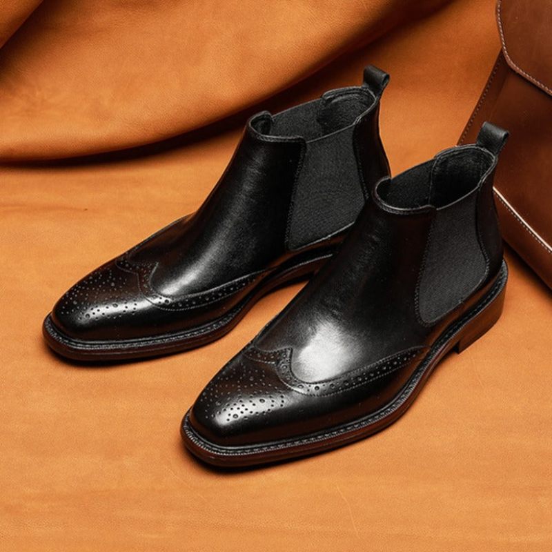 Botas Masculinas Exóticas Com Bico Pontiagudo Brogue - Preto