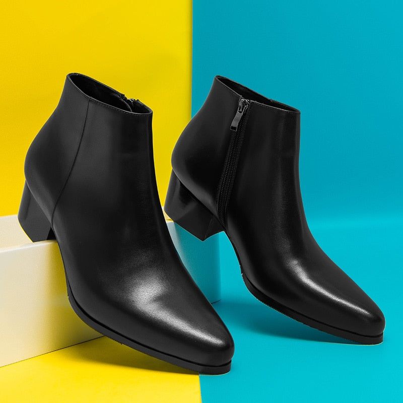 Botas Masculinas Exóticas Com Salto Pontudo E Cano Curto - Preto