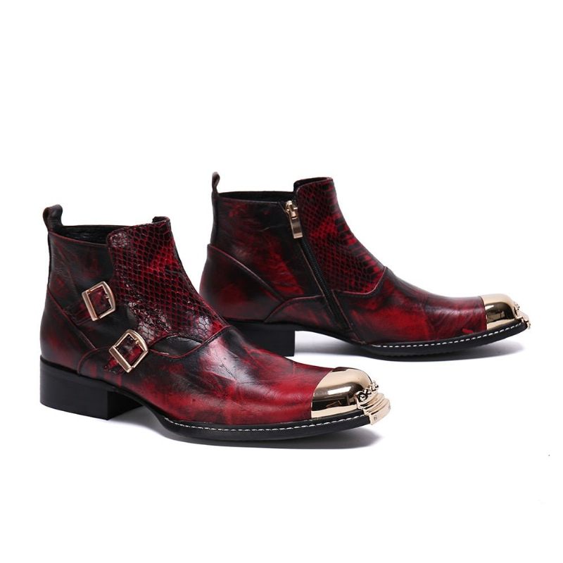 Botas Masculinas Glamourlux Pele Cobra Com Biqueira Metal Mocassins - Vermelho