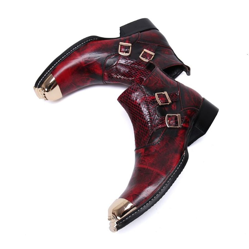 Botas Masculinas Glamourlux Pele Cobra Com Biqueira Metal Mocassins - Vermelho