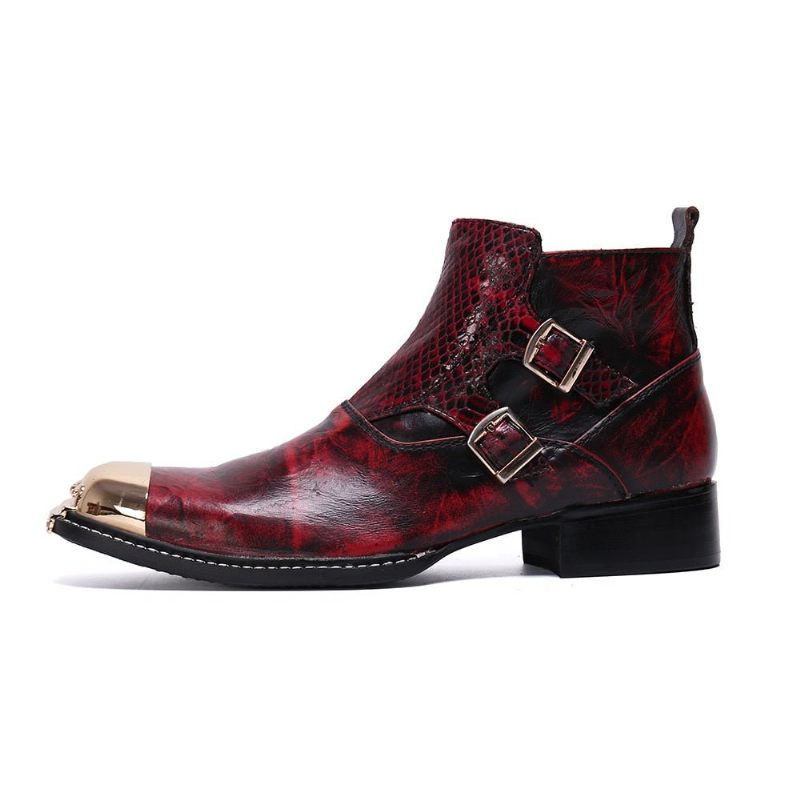 Botas Masculinas Glamourlux Pele Cobra Com Biqueira Metal Mocassins - Vermelho