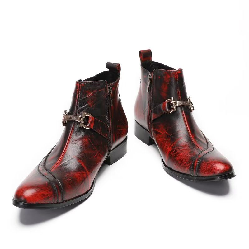 Botas Masculinas Luxo Com Detalhes Em Corrente Couro - Vermelho