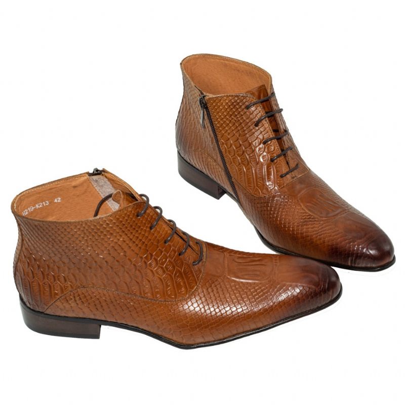 Botas Masculinas Luxo Com Padrão Crocodilo Chique Couro - Marrom