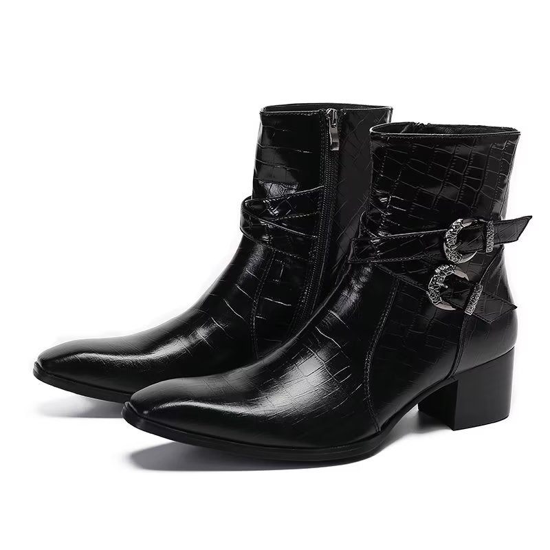 Botas Masculinas Luxo Com Padrão Crocodilo Couro - Preto