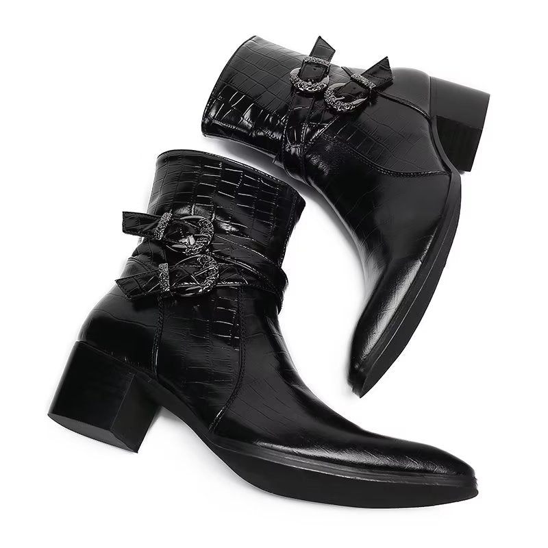 Botas Masculinas Luxo Com Padrão Crocodilo Couro - Preto