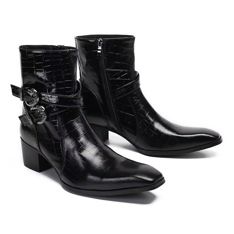 Botas Masculinas Luxo Com Padrão Crocodilo Couro - Preto