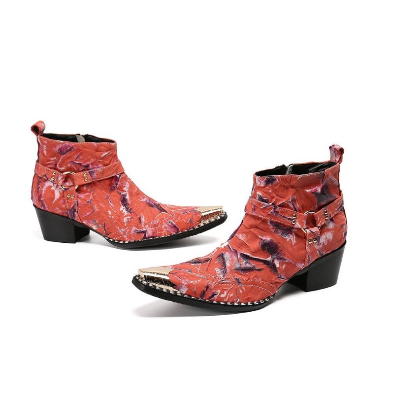 Botas Masculinas Luxo Com Retalhos Metal E Biqueira Quadrada Mocassins Para Festa - Vermelho 